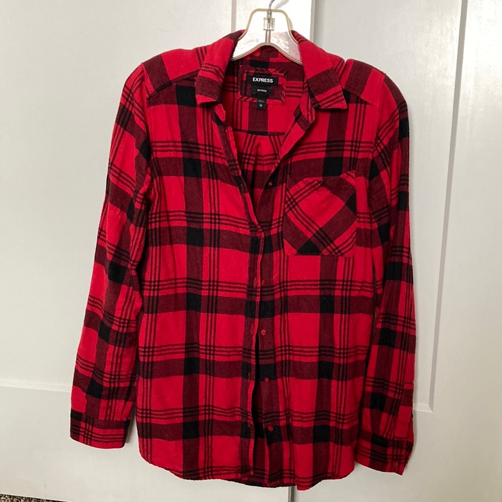Express boyfriend button up red plaid shirt, xs